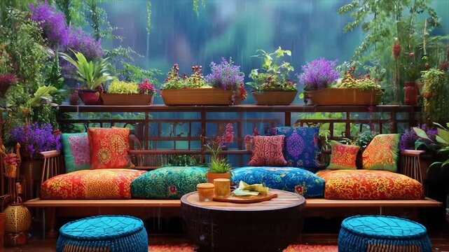 Relaxing outdoor space with colorful cushions and vibrant plants