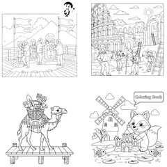 Fototapeta premium Travel and nature line art: mountain hikers, forest scene, camel rider, and fox with windmill
