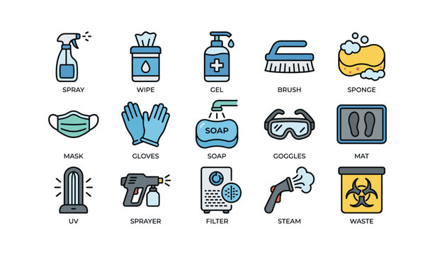 Sanitation tools and equipment icons for hygiene and cleaning practices