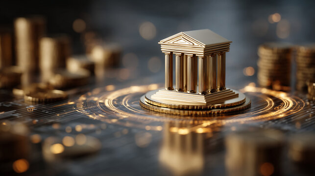 A gold bank building model on a coin surrounded by stacks of coins on a reflective surface