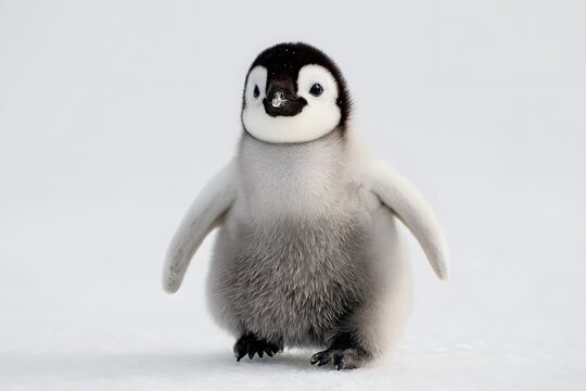 A fluffy penguin chick stands on snow with its wings slightly out
