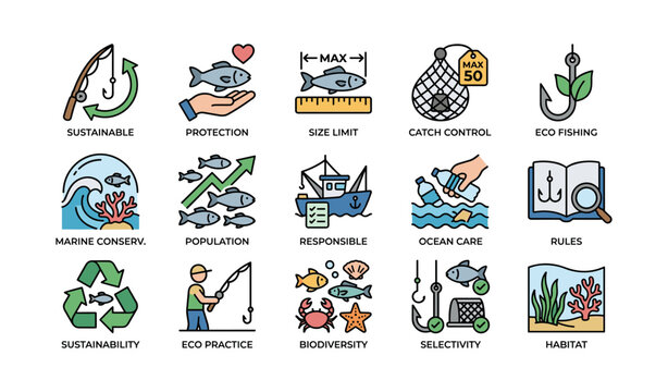 Sustainable fishing practices icons - conservation, eco fishing, marine life, biodiversity