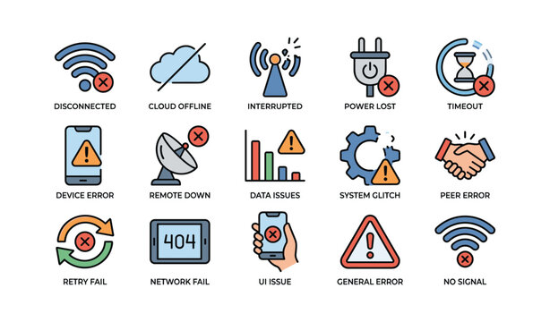 Various technology and network error icons indicating disconnections and failures
