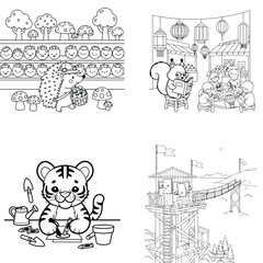 Obraz premium Charming line art collection: hedgehog market, squirrel shop, gardening tiger, and fantasy city