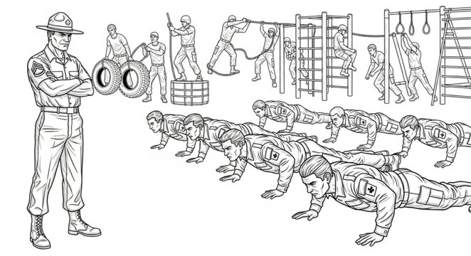 Drill Sergeant Overseeing Push-Ups - Military Training and Discipline.