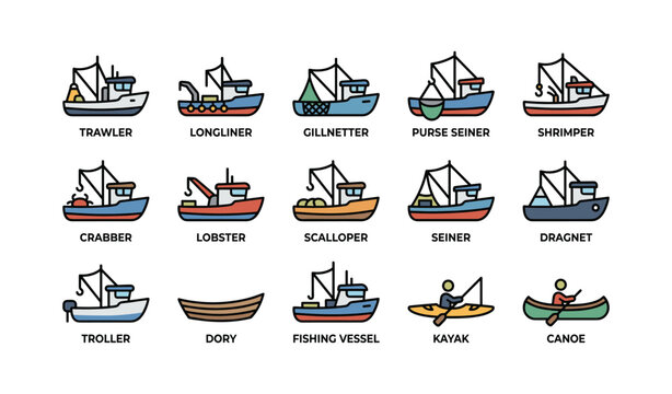 Colorful illustrations of various fishing boats and vessels