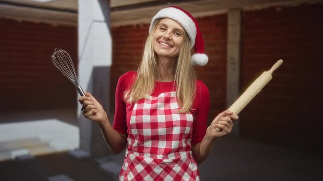 Woman holding a whisk and rolling pin, hands raised, smiling in a studio kitchen wearing a santa hat and red checked apron; holiday baking joy.