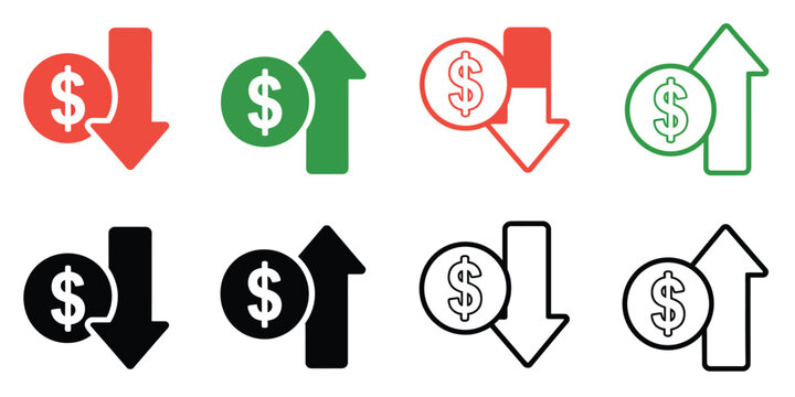 Cost Increase and Decrease Icon Set Featuring Profit Loss Dollar Investment Savings Financial Growth Vector Illustration