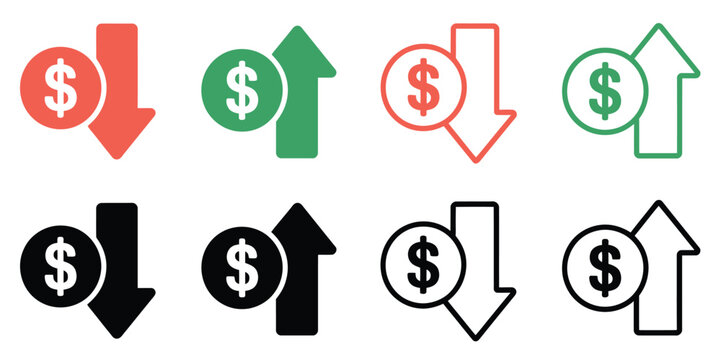 Cost Increase and Decrease Icon Set Showing Profit Loss Dollar Investment Savings Financial Growth Vector Illustration