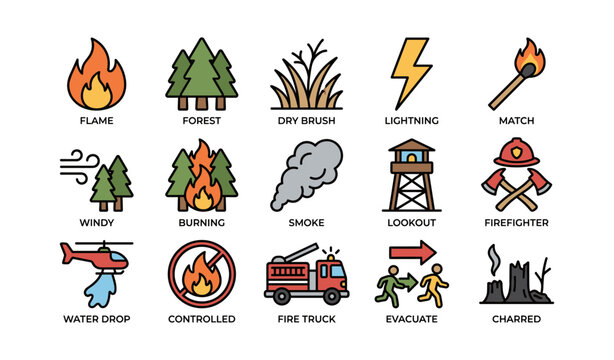 Fire safety icons: forest, firefighter, evacuation, control, emergency