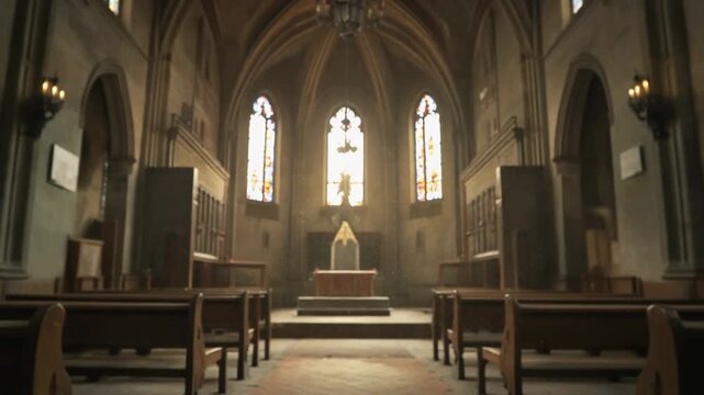 Interior of a historic church with rows of wooden pews facing the altar through arched windows.
