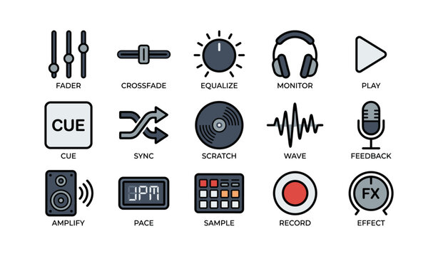 Audio equipment icons: fader, crossfade, headphones, microphone, wave, amplify, record