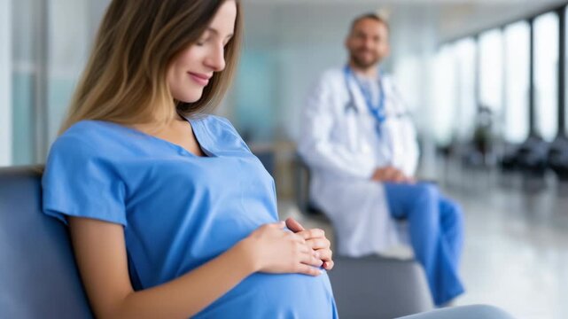 Expectant mother relaxing in hospital waiting room with supportive doctor nearby
