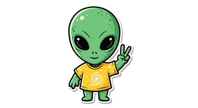 Cute Cartoon Alien Waving Peace Sign, Yellow T-Shirt, Space Theme