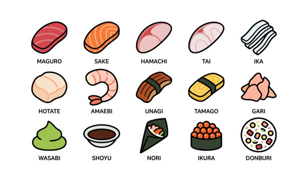 Assorted japanese sushi icons with fish, rice, and condiments on white background
