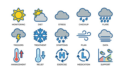 Obraz premium Weather and health icons featuring sun, clouds, rain, and health-related concepts illustrated in blue and yellow