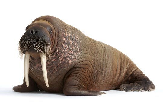 A large walrus with tusks resting on a white background