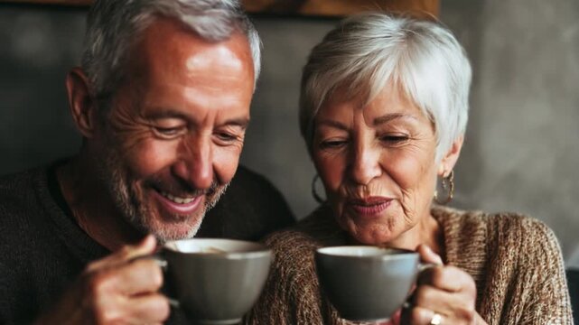 A joyful elderly couple shares a laugh over coffee, capturing the essence of companionship and love in a cozy caf&eacute; setting while enjoying their memorable moments together.