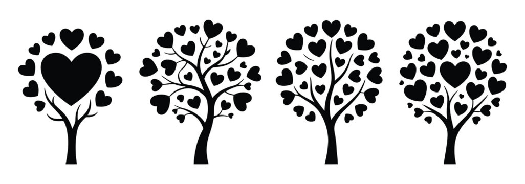Four heart shaped trees in black and white, a beautiful silhouette illustration, perfect for romantic
