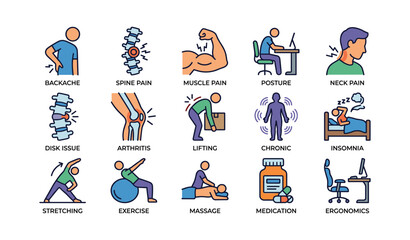 Fototapeta premium Icon set illustrating common health issues and remedies for better lifestyle