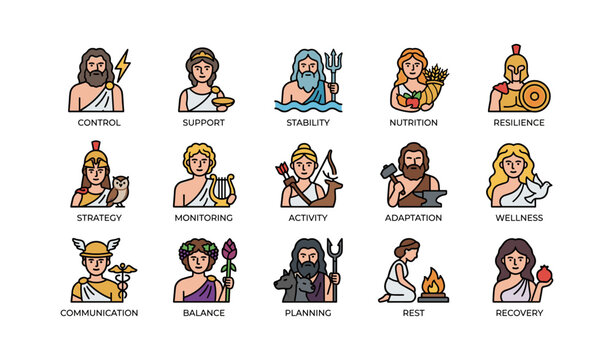 Greek mythology figures representing various concepts with attributes and symbols