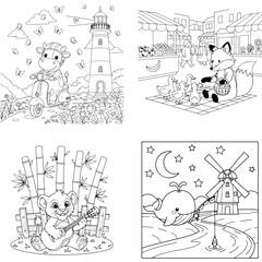 Obraz premium Winter snowman, lighthouse and animal characters line art coloring book collection