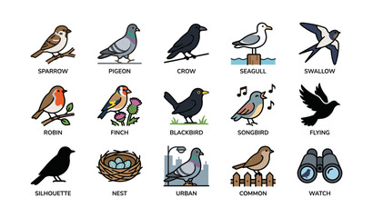 Obraz premium Illustrated collection of common birds including sparrow, pigeon, and crow