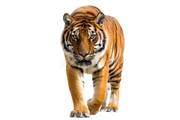 Obraz premium A tiger walks directly towards the camera on a white background