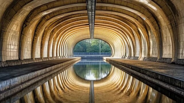 Vaulted bridge structure creates stunning mirror reflection beneath in calm water during early morning light