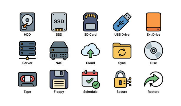 Digital storage devices icons: hdd ssd usb drive cloud backup