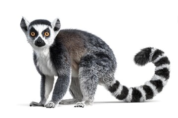 Fototapeta premium Ring-tailed lemur stands on a white background with its tail curled