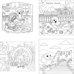 Naklejka premium Cartoon bird eating and village town scene line art for children's coloring book with coloring page