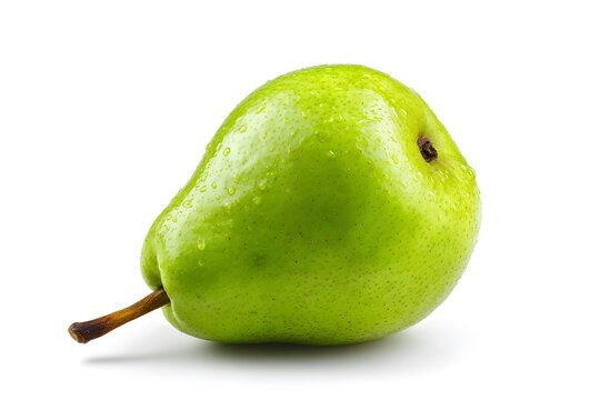 A single green pear with water droplets sits on a white background