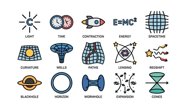 Physics concepts: light, time, space, and cosmic phenomena illustrations