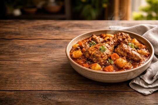 Stufato di coniglio maltese in ciotola rustica su tavolo di legno. Generative AI 