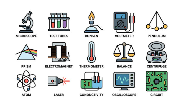 Scientific laboratory equipment icons including microscope, test tubes, bunsen burner, and more
