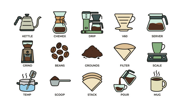 Essential coffee brewing tools and ingredients illustrated guide