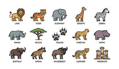 Fototapeta premium African savanna animals: lion, tiger, elephant, giraffe, zebra, rhino, hyena