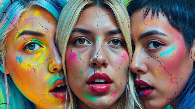 Three faces with colorful cracked paint