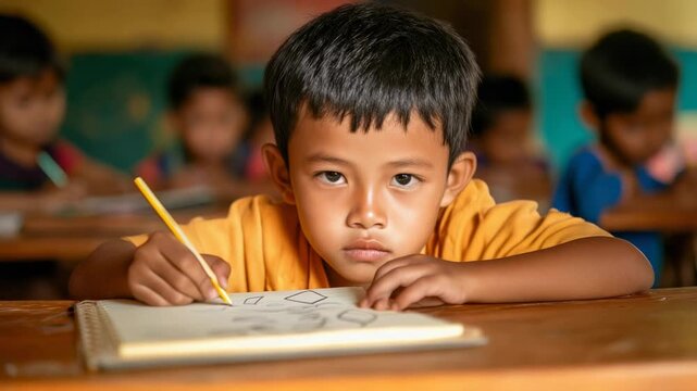 Elementary school student concentrating on drawing geometric shapes in a notebook with a pencil during class, while other pupils are softly blurred in the background