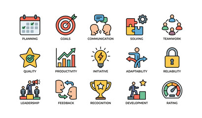 Fototapeta premium Icons representing business concepts: planning, goals, communication, teamwork, leadership
