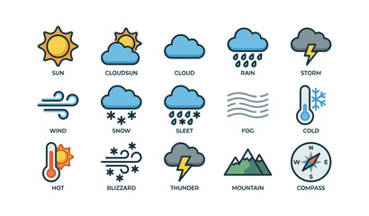 Naklejka premium Weather icons set featuring sun cloud rain snow and temperature symbols