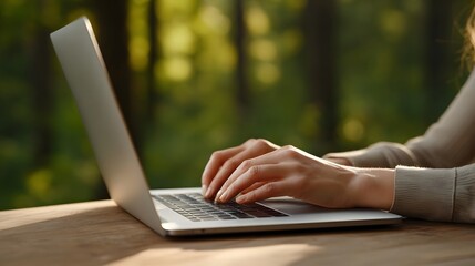Obraz premium Hands typing on a laptop outdoors amidst a sunlit blurred forest background
