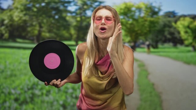 Blonde woman holding a vinyl record, hand to cheek singing on a forest path with pink sunglasses and colorful top; nostalgia joy celebration.