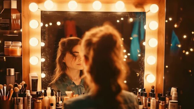 Young woman reflecting at vanity mirror with warm lights and makeup brushes
