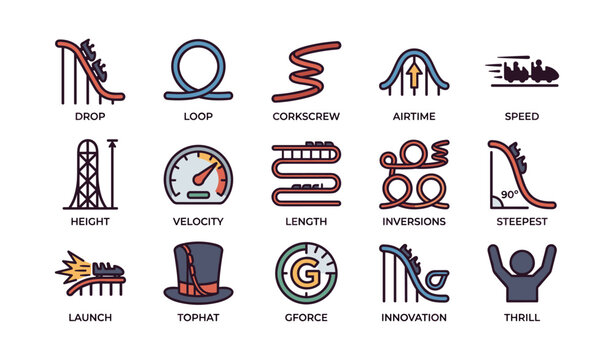 Roller coaster icons featuring thrill rides with loops inversions and speed