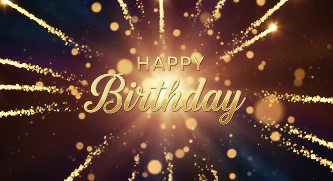 happy birthday celebration with gold text on glittery dark background