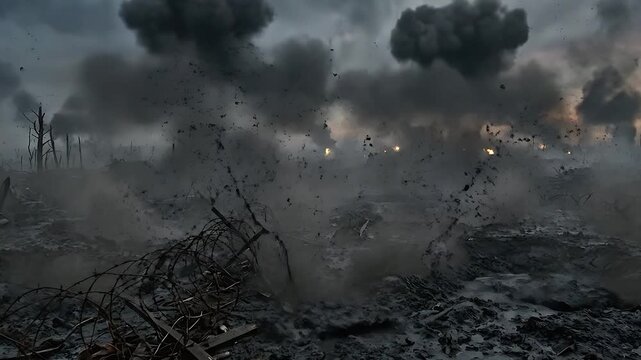 Wwi battlefield explosions desolate war zone mud smoke