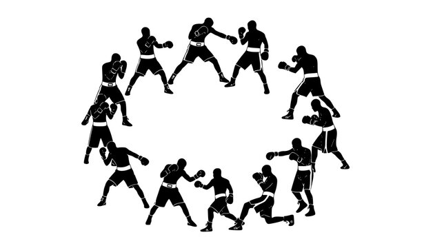 Dynamic boxing silhouette vector illustration with fighters in motion and combat stance variations for sports graphics