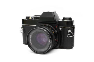 Fototapeta premium Classic black Vintage SLR Film Camera with 50mm Lens there are signs of wear and tear from age isolated on White Background. Photography, nostalgia, and retro technology design concepts.